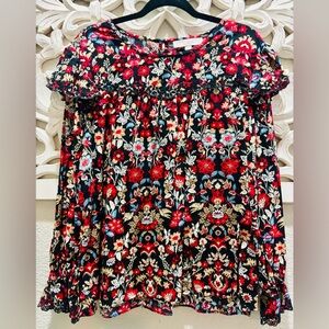 LOFT Black Floral Top with Ruffle Shoulder and Sleeve Accents